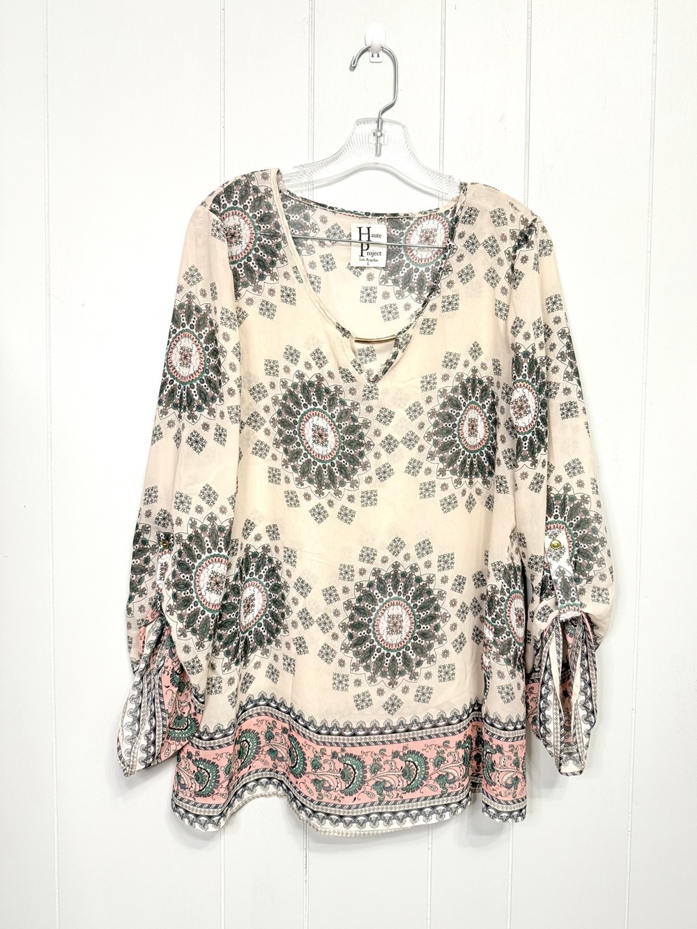 #17)  Haute Project Cream Boho Medallion Tunic with Pink Border